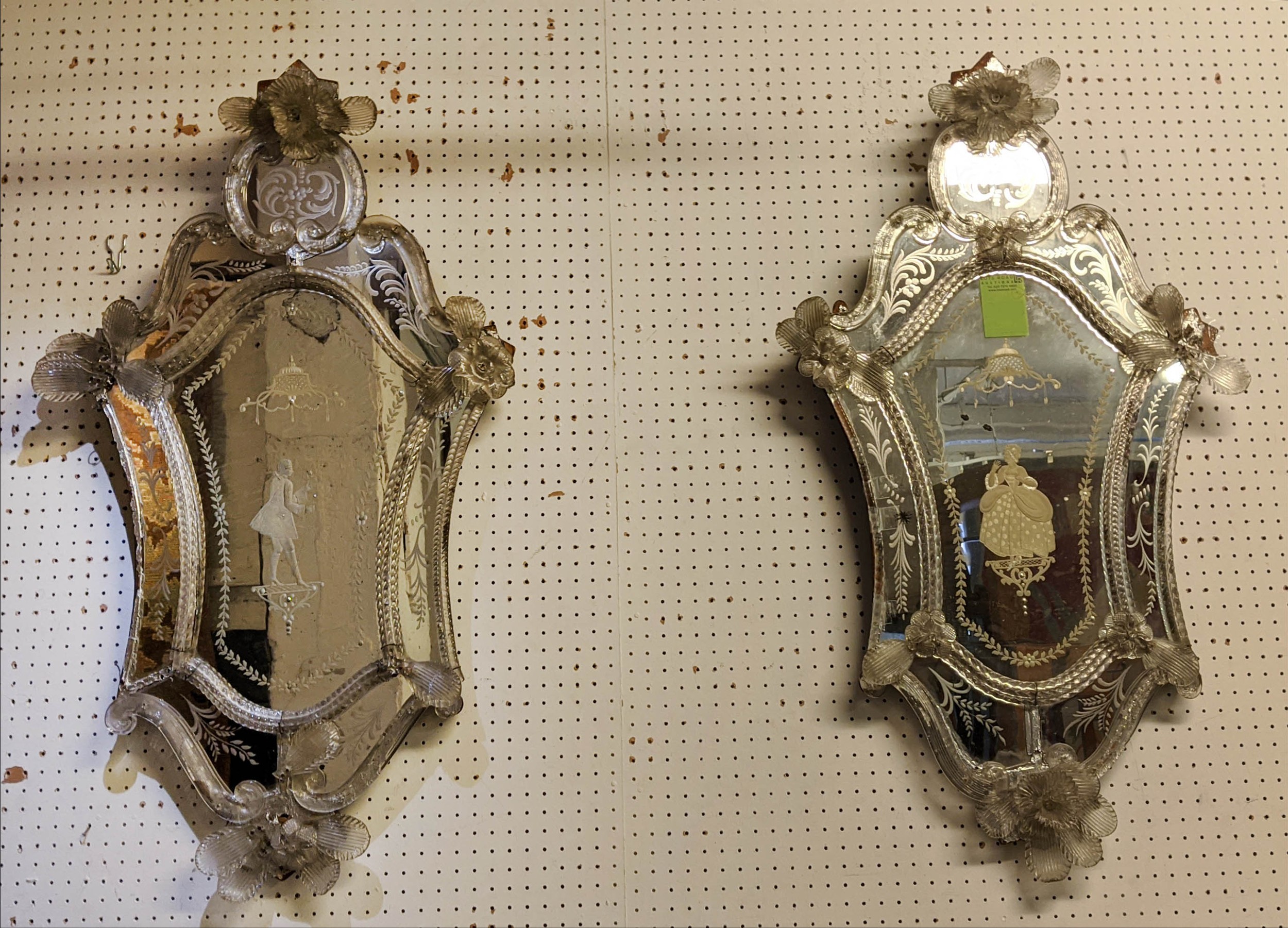VENETIAN WALL MIRRORS, a pair, 53cm W x 94cm H late 19th/early 20th century with etched decoration