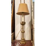 BRASS LAMP, 71cm H including paper shade converted from a Victorian altar candlestick.