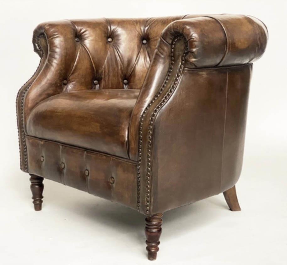 LIBRARY ARMCHAIR, Alexander and James deep buttoned mid brown leather with bow back, 82cm W.