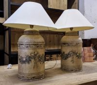 TABLE LAMPS, a pair, each 68cm H overall including shades, toleware. (2)
