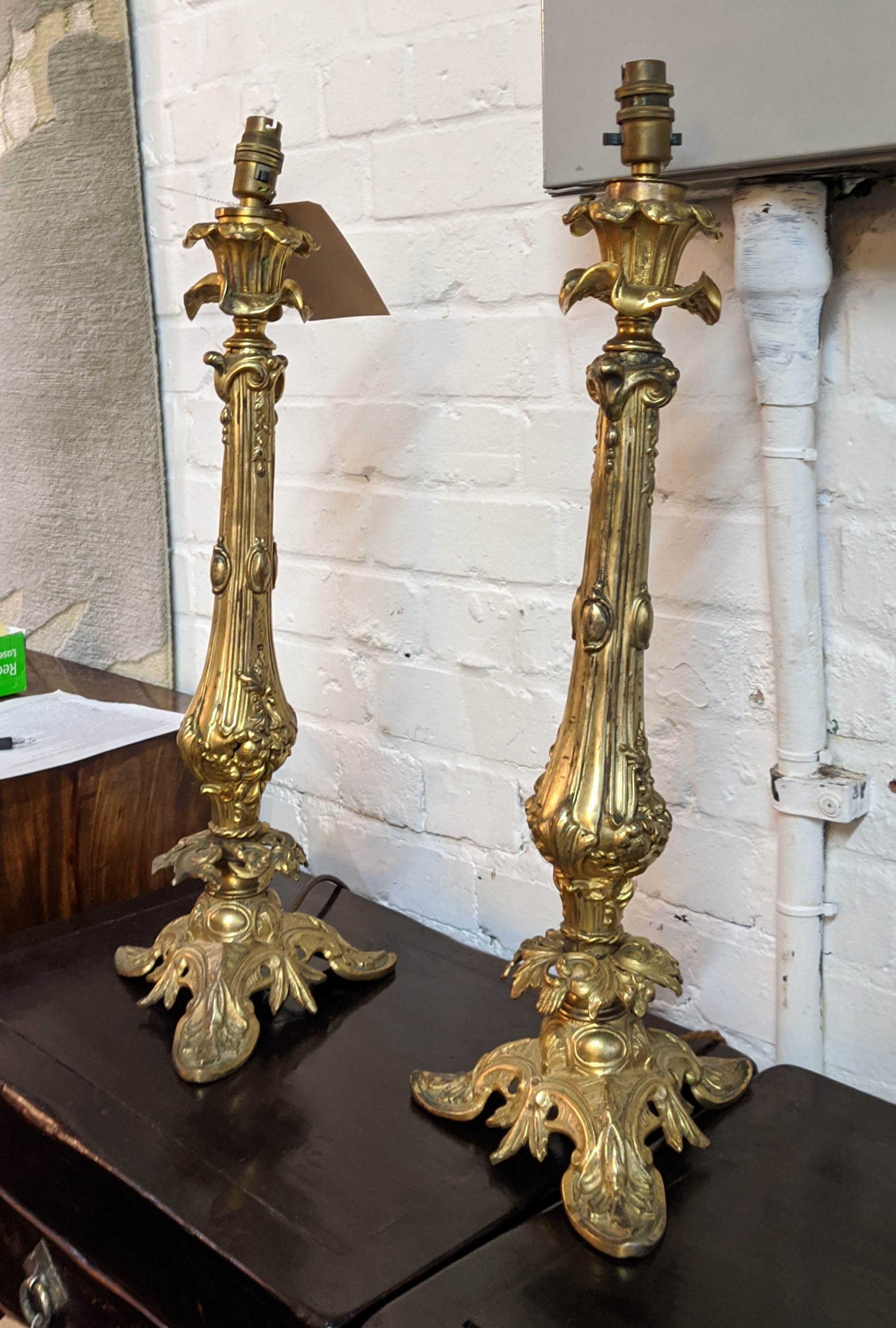 ORMOLU CANDLESTICKS, a pair, 59cm H converted into table lamps. (2) - Image 2 of 5