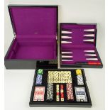 PENHALIGON'S GAMES BOX, black lacquered fitted tray with card sets dice, chips dominos and folding