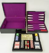 PENHALIGON'S GAMES BOX, black lacquered fitted tray with card sets dice, chips dominos and folding
