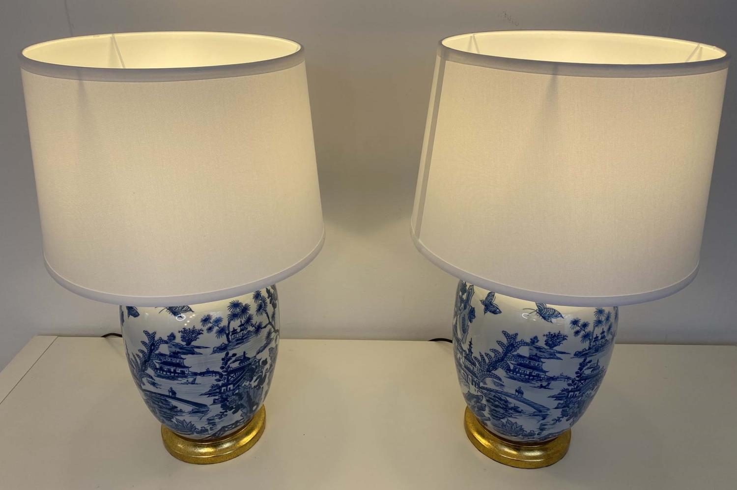 TABLE LAMPS, pair, 62cm H x 38cm diam., Chinese export style blue and white ceramic, neutral shades, - Image 2 of 3