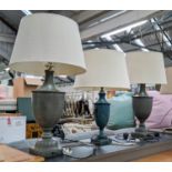 URN SHAPED TABLE LAMPS, a pair, 80cm H including shades and one smaller blue lamp 68cm H. (3)