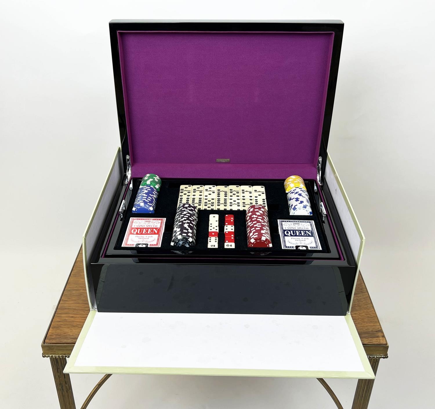 PENHALIGON'S GAMES BOX, black lacquered fitted tray with card sets dice, chips dominos and folding - Image 15 of 15