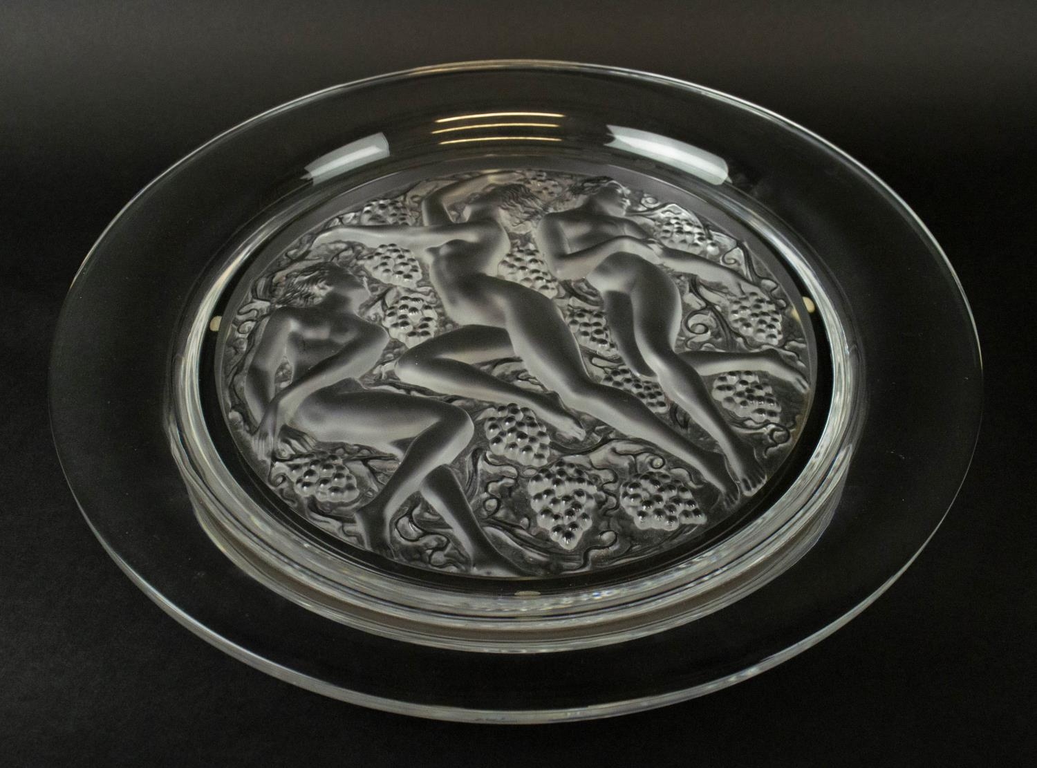 LALIQUE FROSTED GLASS DISH, three graces amongst grapevines, 40cm D.
