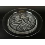 LALIQUE FROSTED GLASS DISH, three graces amongst grapevines, 40cm D.