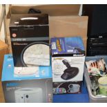 VARIOUS ELECTRICAL ITEMS, HI-FI, JOYSTICK IN BOX, DEEP FAT FRYER, TUMBLERS ETC