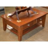 LARGE STAINED PINE COFFEE TABLE WITH STORAGE DRAWERS