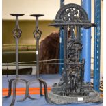 DOOR STOP, STICK STAND & PAIR OF WROUGHT IRON CANDLE STANDS