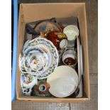 BOX WITH MIXED CERAMICS, CARLTON WARE LIDDED JAR, ROYAL DOULTON TEA WARE, TANKARDS, COLOURED GLASS