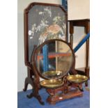 TAPESTRY FIRE SCREEN, SWING MIRROR & SET OF VINTAGE SCALES