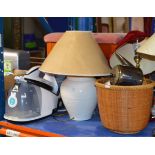 STEAM GENERATING IRON, PADDED STOOL, TABLE LAMP & BASKET WITH TEAPOTS ETC