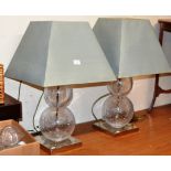 PAIR OF LARGE MODERN GLASS & CHROME TABLE LAMPS WITH SHADES