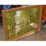 LARGE GILT FRAMED OIL ON CANVAS - WOODLAND RIVER SCENE