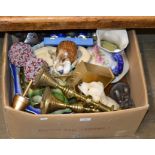 BOX WITH CANDLE STICKS, VARIOUS ANIMAL ORNAMENTS, BASIN & EWER SETS ETC