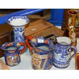 2 GRADUATED MASONS JUGS, BLUE & WHITE VASE, PAINTED GLASS VASE & 1 OTHER JUG