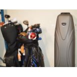 2 GOLF BAGS WITH ASSORTED CLUBS, GOLF TRAVEL BAG & PAIR OF GOLF SHOES (SIZE 10.5)