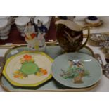 TRAY WITH 2 CLARICE CLIFF DISHES, CARLTON WARE JUG & DOUBLE FIGURINE ORNAMENT