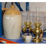 LARGE CERAMIC BOTTLE, DECANTER & PAIR OF CONVERTED PARAFFIN LAMPS