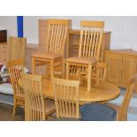 MODERN OAK DINING TABLE WITH 2 LEAVES & 8 CHAIRS TO MATCH