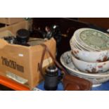 VARIOUS TODDY BOWLS, SMALL SEWING MACHINE, VINTAGE CASE, BOX WITH CAMERA, CAMERA ACCESSORIES ETC