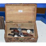 DECORATIVE CAMPHOR WOOD STYLE BOX WITH POCKET WATCH & VARIOUS WRIST WATCHES