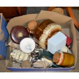 BOX WITH PILL BOXES, LURPACK WARE, LIDDED JARS, SOUVENIR SPOONS ETC