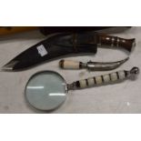 GHURKHA KNIFE, EASTERN DAGGER & LARGE MAGNIFYING GLASS