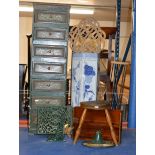 PAINTED CHEST, WROUGHT IRON STAND, DECORATIVE ORIENTAL STYLE STICK STAND, RUG BEATERS ETC