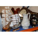 2 MODEL SHIP DISPLAYS, DECORATIVE VASE, DECORATIVE JUG & COLOURED GLASS VASE