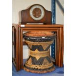 NEST OF 3 TEAK TABLES, TRIBAL STYLE STOOL & MANTLE CLOCK