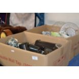 2 BOXES WITH TEA & DINNER WARE, USING CUTLERY, ROYALTY DISHES ETC