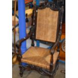 DARK OAK CARVER CHAIR WITH CANE BACK