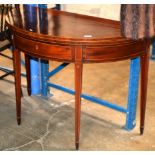 INLAID MAHOGANY HALF-MOON FOLD OVER TABLE ON TAPERED LEGS