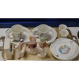 TRAY WITH ROYAL DOULTON SNOWMAN ORNAMENTS & QUANTITY BUNNYKINS WARE