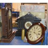 GINGER BREAD STYLE CLOCK, SLATE MANTLE CLOCK & MAHOGANY WALL CLOCK