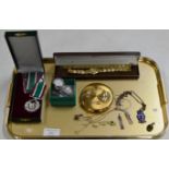 BOXED WOMAN'S VOLUNTARY SERVICE MEDAL, SILVER & COSTUME JEWELLERY, COMPACT, WRIST WATCHES ETC