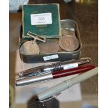 ASSORTED COINAGE, WW2 MEDAL & 3 VARIOUS PENS