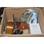 BOX WITH MANTLE CLOCK, CAMERAS, FIGURINE ORNAMENT, COMMEMORATIVE COINS, DISPLAY PLATES ETC