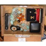 BOX WITH ASSORTED COSTUME JEWELLERY, CUFFLINKS ETC