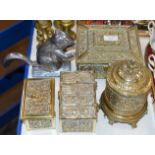 3 VARIOUS ORNATE BRASS BOXES, BRASS TEA CADDY & NOVELTY SQUIRREL NUTCRACKER