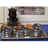 VARIOUS PEWTER MEASURES, HIP FLASK & WILLIAM WALLACE BUST