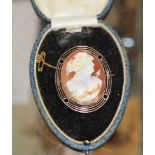 GOLD MOUNTED CAMEO BROOCH WITH SAFETY PIN & BOX