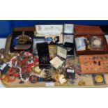 TRAY WITH LARGE QUANTITY VARIOUS COSTUME JEWELLERY, HIP FLASK, COINAGE ETC