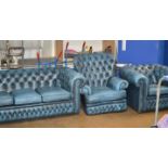 3 PIECE CHESTERFIELD BLUE LEATHER LOUNGE SUITE