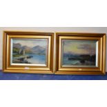 PAIR OF 9" X 13" GILT FRAMED OIL PAINTINGS - HIGHLAND LOCH & COASTAL SCENES WITH FIGURES, BY T.