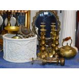 DECORATIVE BASKET, WALL SCONCE, SET OF SCALES, RAILWAY LAMP, BRASS KETTLE & 2 PAIRS OF BRASS