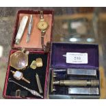 VINTAGE RAZOR IN BOX, GOLD CASED WRIST WATCH, NOVELTY COIN INSET LIGHTER, ORNATE POCKET WATCH KEY,